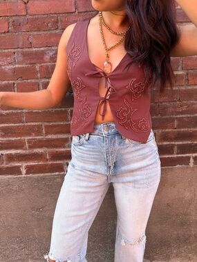 Women's Maroon Embroidered beaded Lace Up western V-Neck Vest